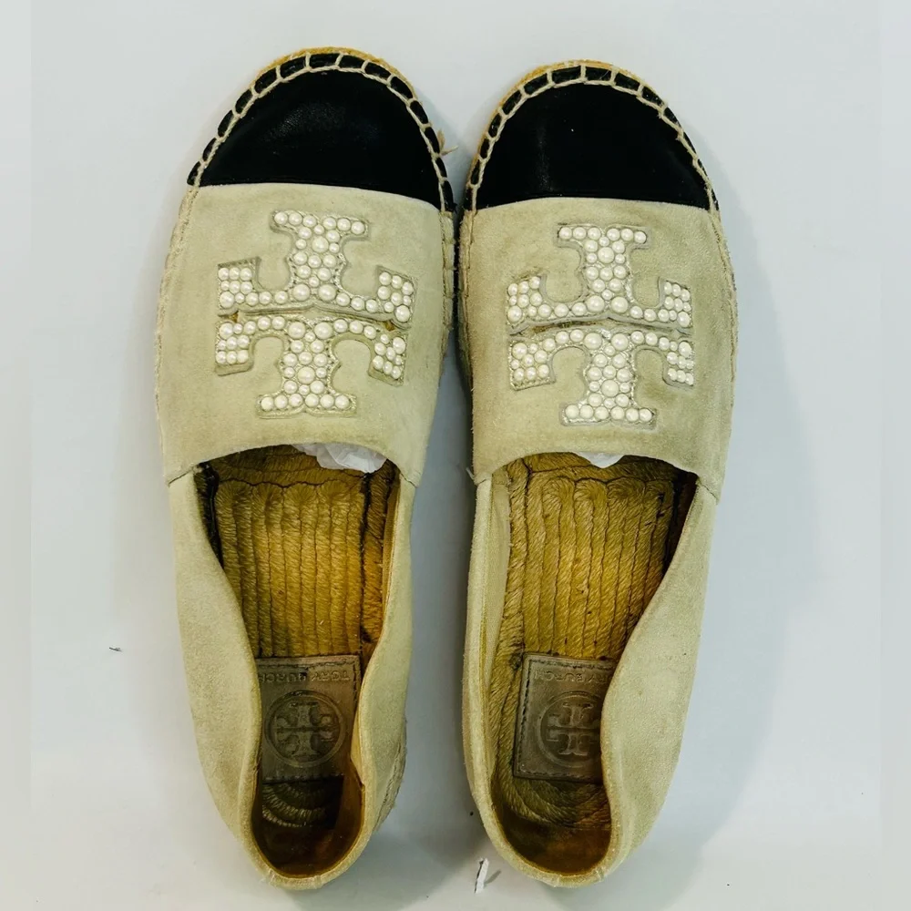 Tory Burch Pearl Logo Flat Espadrille in Black Nappa Leather and Beige Suede 6.5